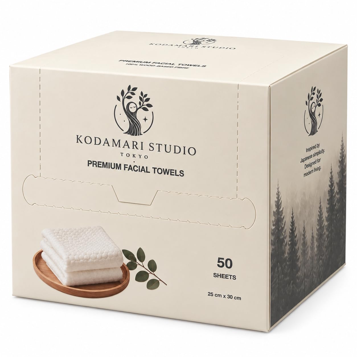 KODAMARI STUDIO box of 50 premium facial towels, with minimalist cream packaging